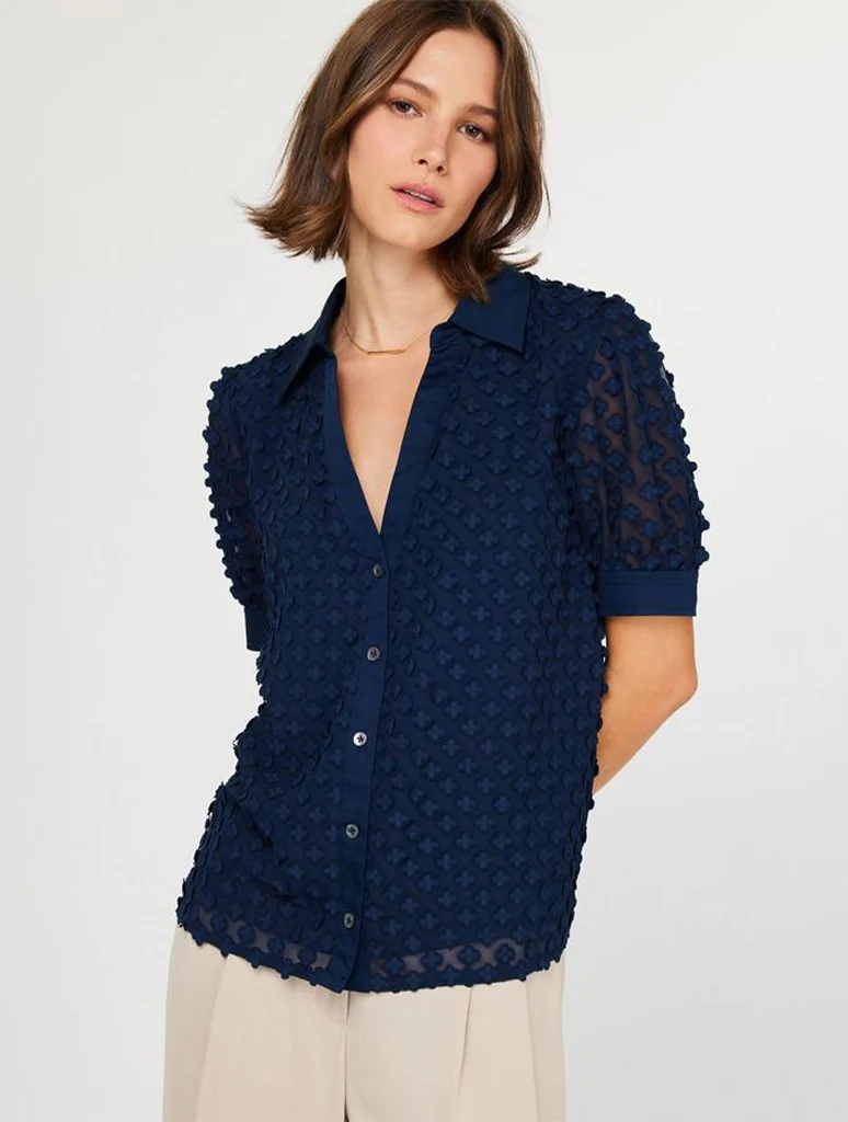 3D Floral Short Sleeve Button Down Blouse