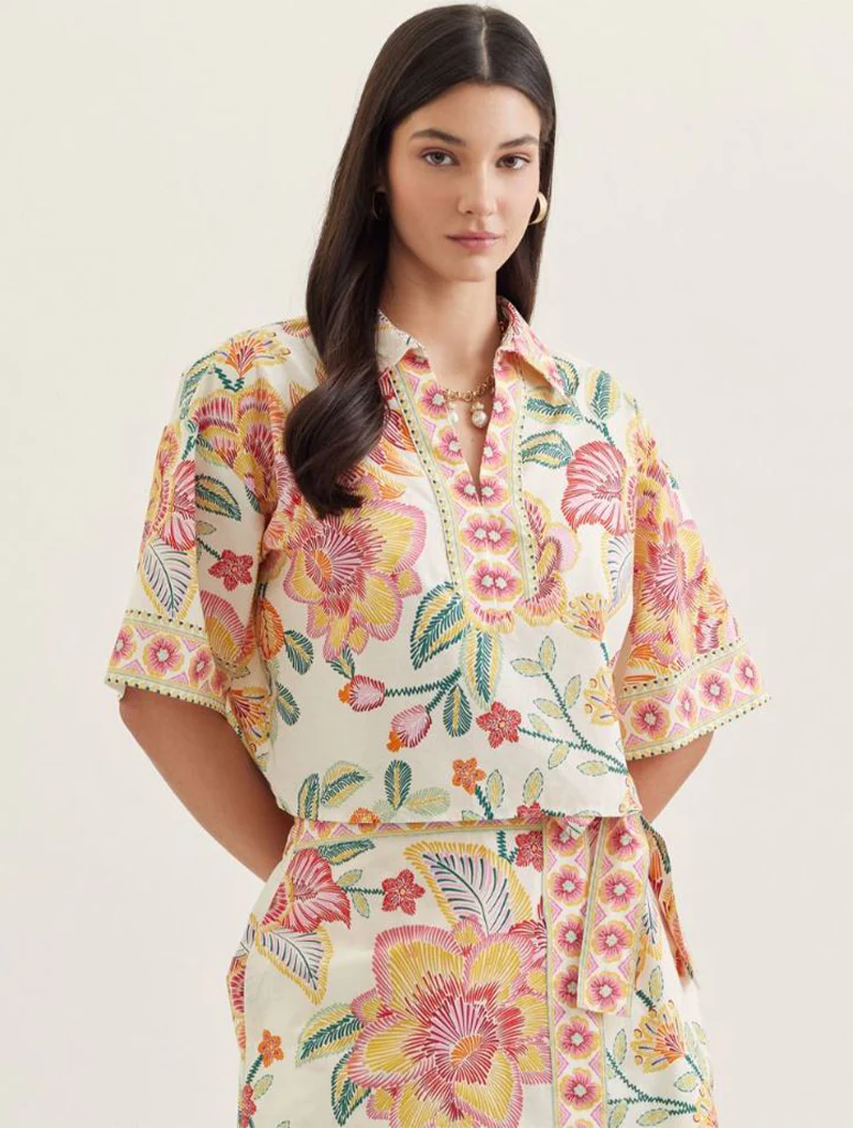 Botanical Print Short Sleeve Split V-neck Top