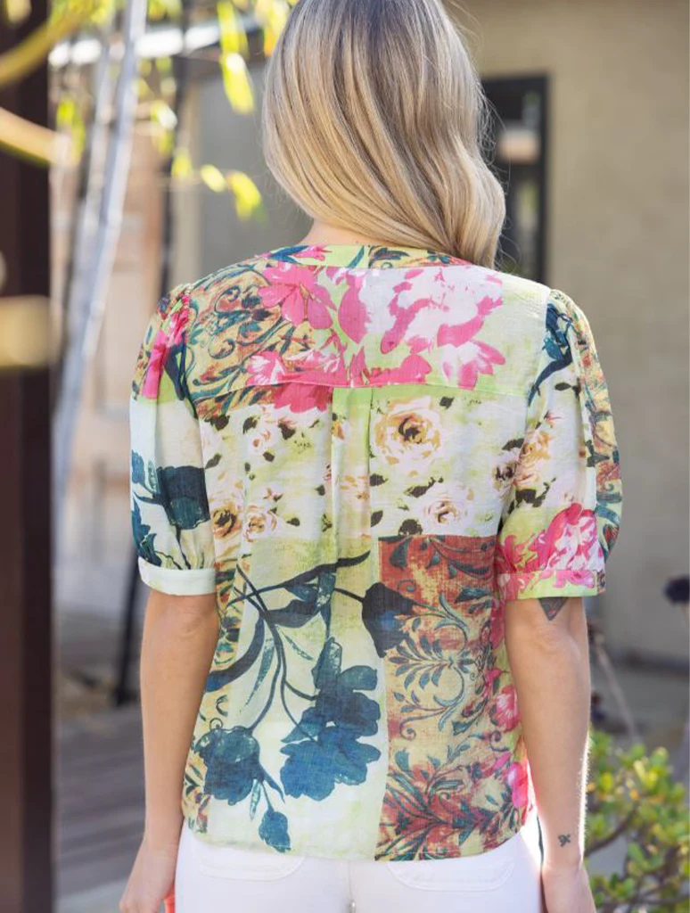 Button Down Short Puff Sleeve Floral Top - Image 3