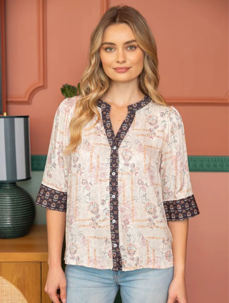 Button Down V-Neck Contrast Banded Top