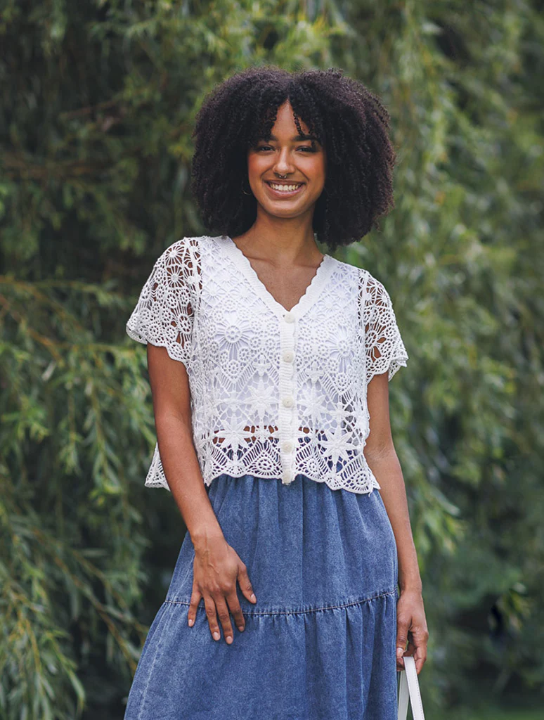 Button Front Short Sleeve Crochet Top - Image 3