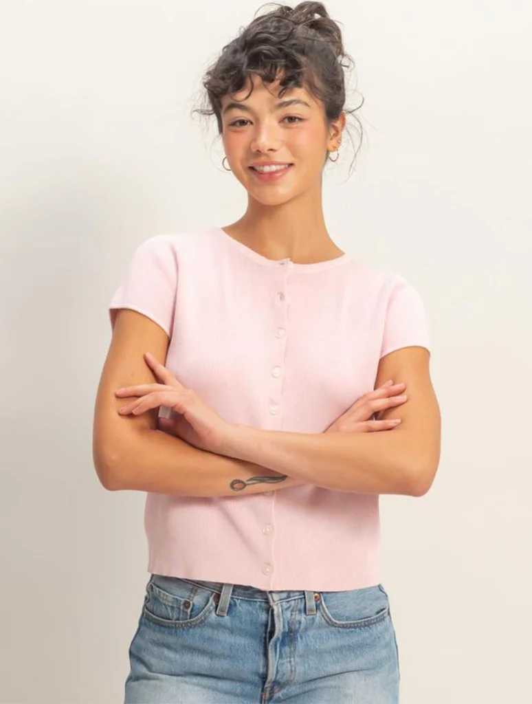 Button Front Short Sleeve Knit Top - Image 4