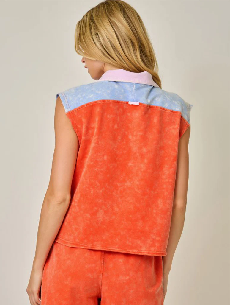 Color Blocked Terry Half Zip Sleeveless Top - Image 3