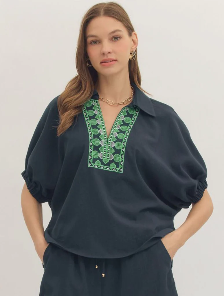 Dolman Sleeve Top with Embroidered Contrast V-Neck Trim