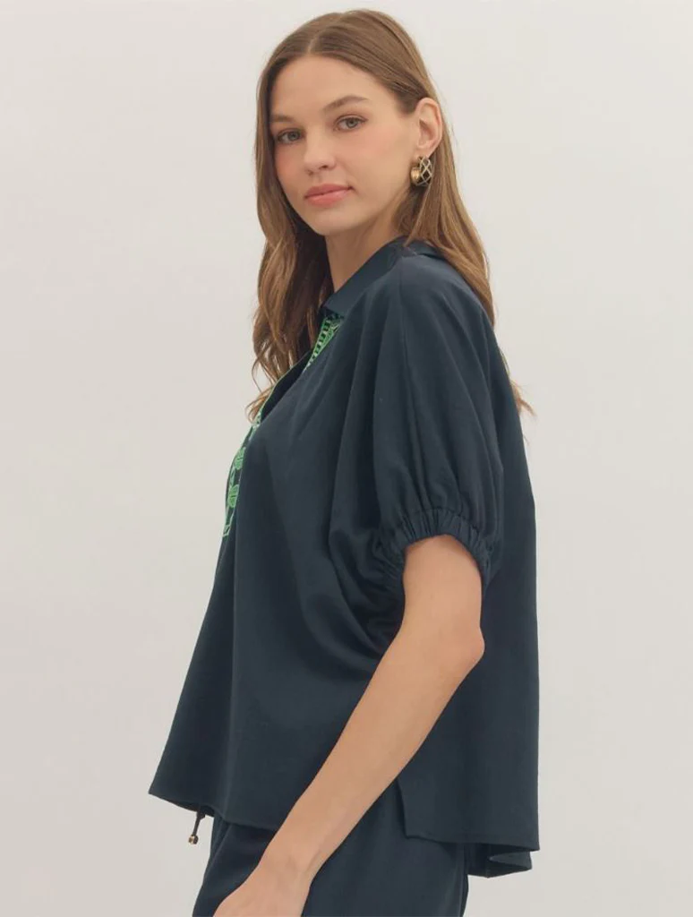Dolman Sleeve Top with Embroidered Contrast V-Neck Trim - Image 2