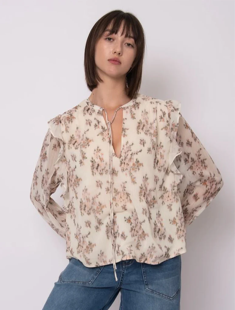 Efli Yoryu Crinkle Chiffon Split Neck Top