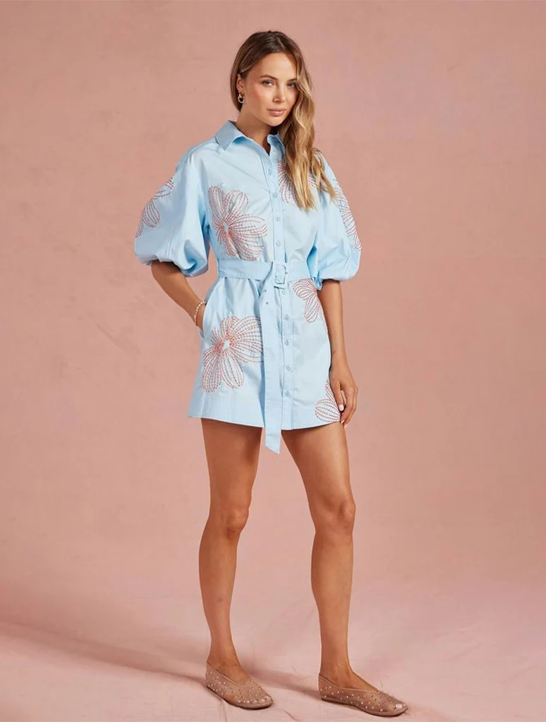 Embroidered Belted Shirt Mini Dress - Image 2