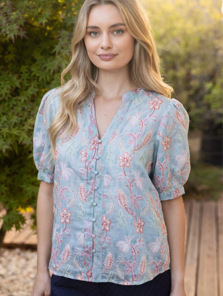 Embroidered Detail Floral Print Button Down Top