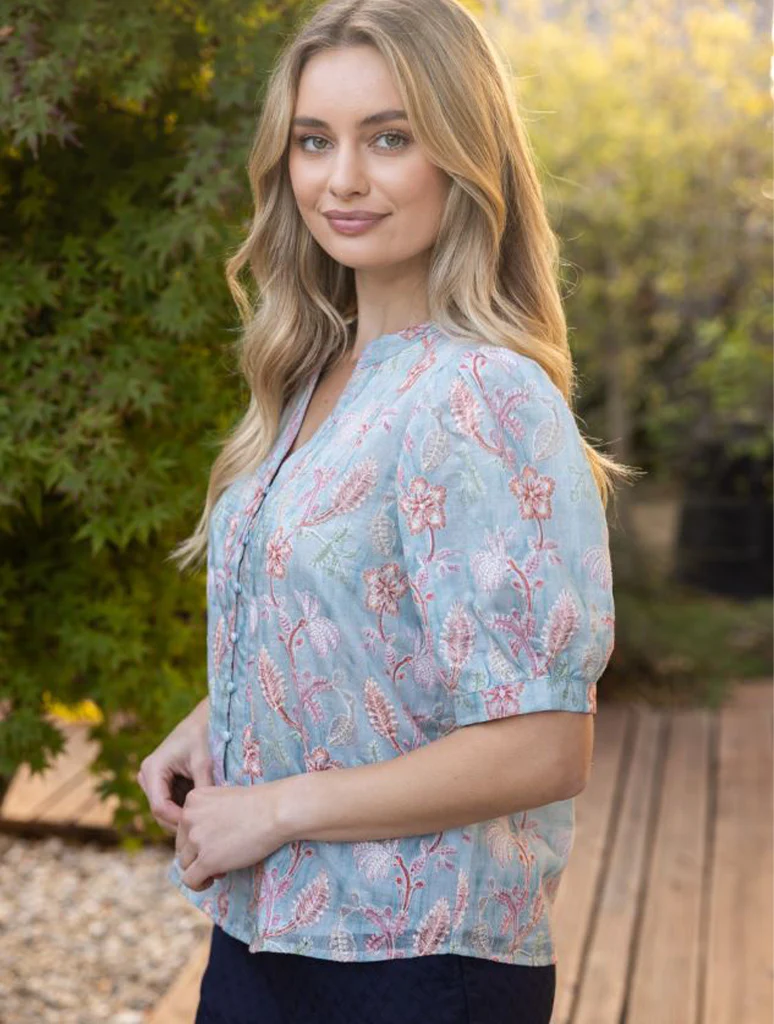 Embroidered Detail Floral Print Button Down Top - Image 2