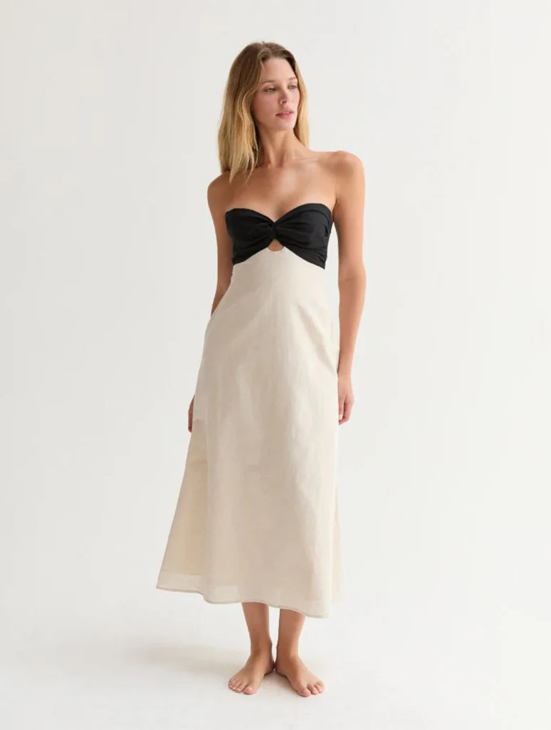 Emery Linen Colorblock Front Twist Strapless Midi Dress