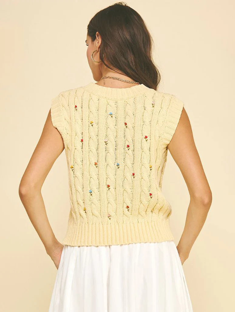 Floral Embroidered Cable Knit Sweater Vest - Image 3