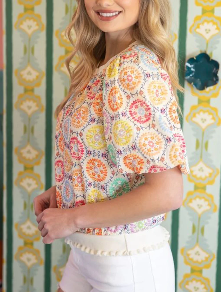 Floral Embroidered Print Bubble Sleeve Top - Image 2