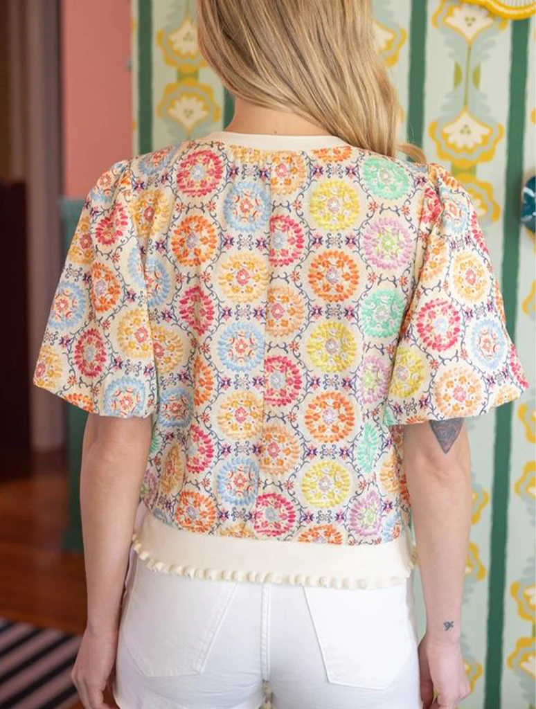Floral Embroidered Print Bubble Sleeve Top - Image 3