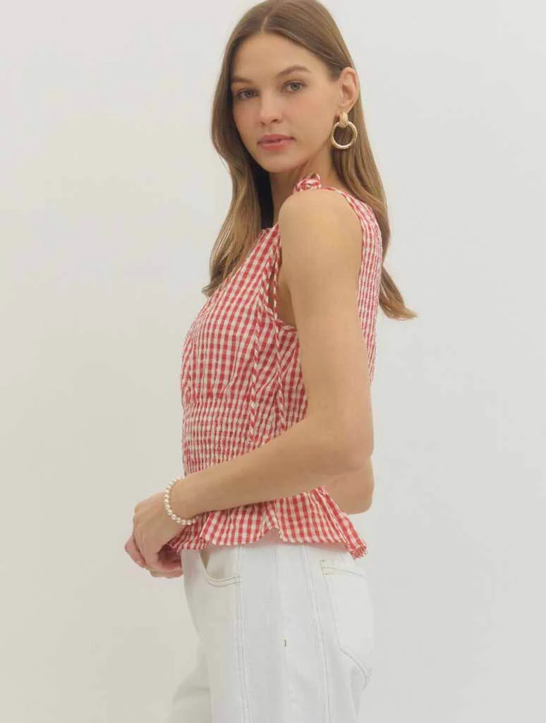 Gingham Sleeveless Tie Strap Top - Image 3