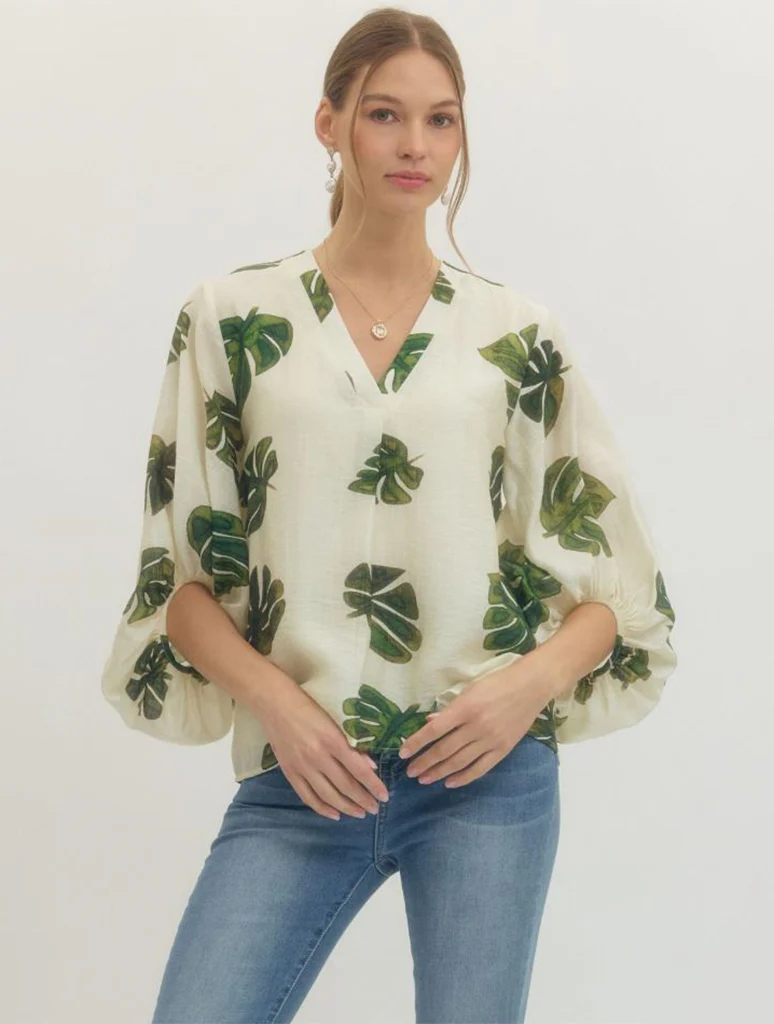 Leaf Print Puff Sleeve Blouse