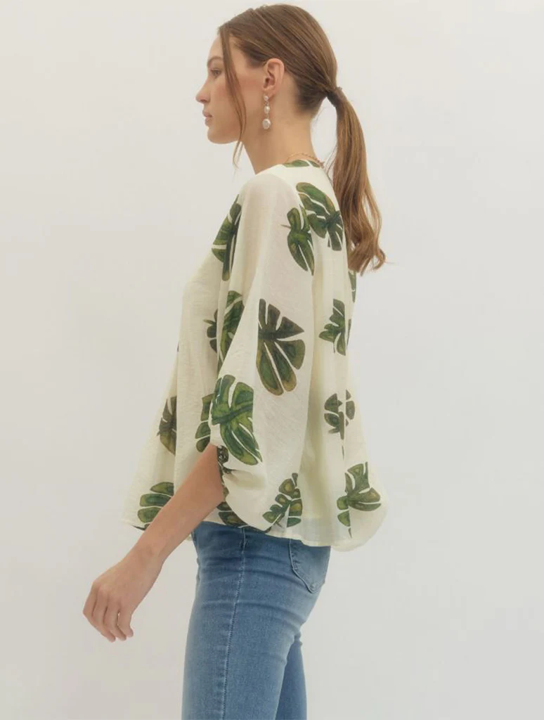 Leaf Print Puff Sleeve Blouse - Image 2