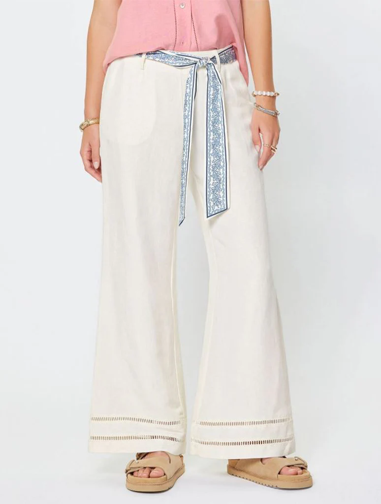 Linen Blend Cropped Wide Leg Pants with Scarf Belt