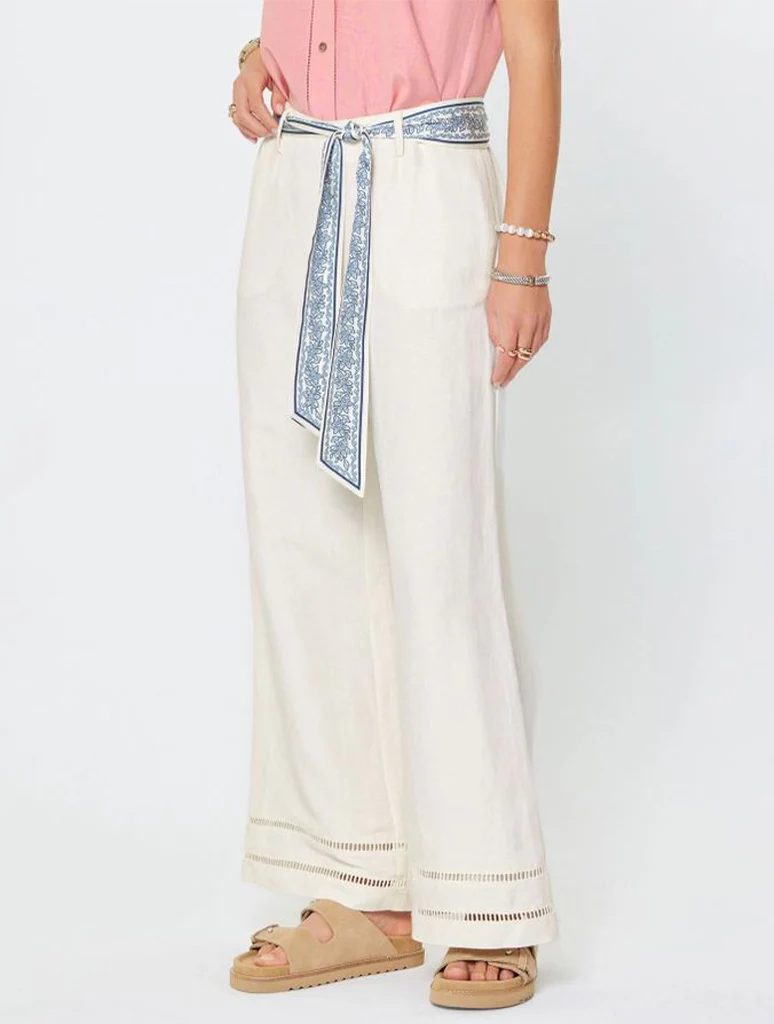 Linen Blend Cropped Wide Leg Pants with Scarf Belt - Image 2