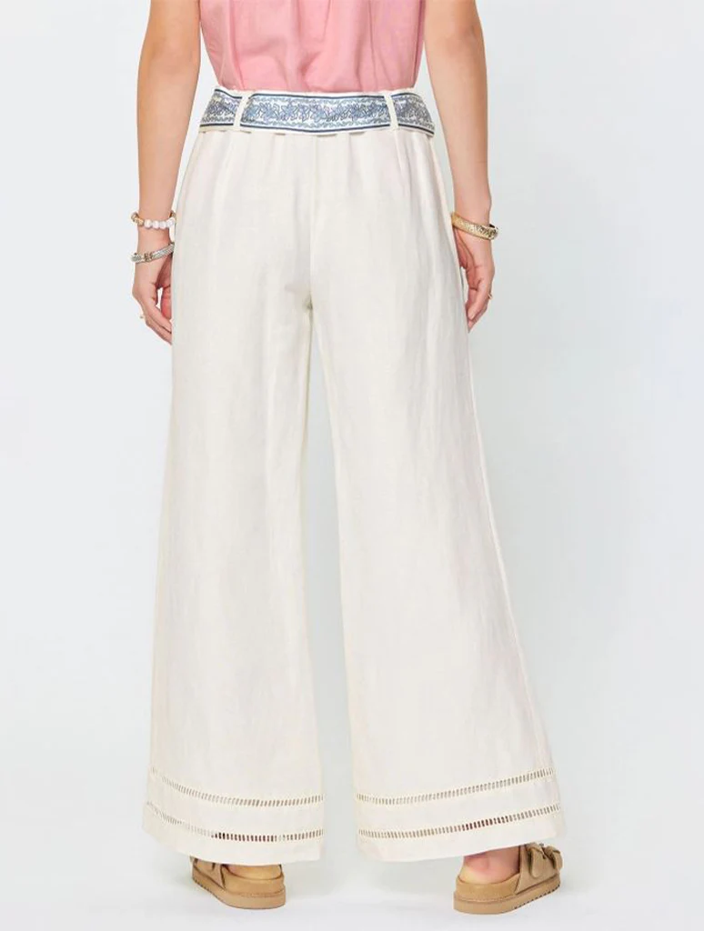Linen Blend Cropped Wide Leg Pants with Scarf Belt - Image 3