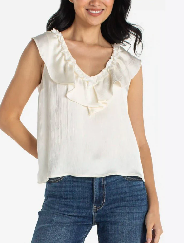Liverpool Ruffle Front Sleeveless Woven Knit Top - Image 3