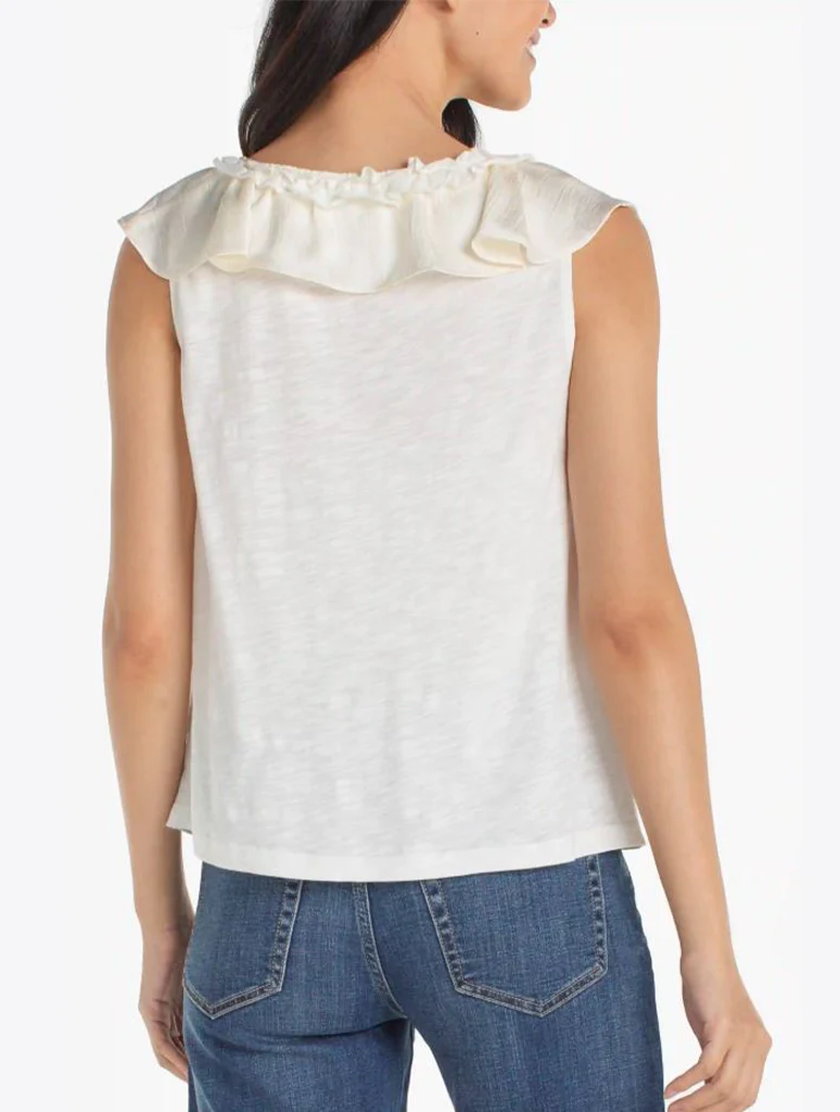 Liverpool Ruffle Front Sleeveless Woven Knit Top - Image 4