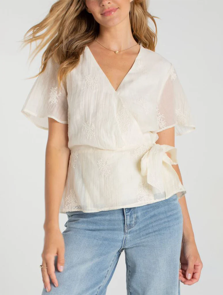 Liverpool Short Sleeve Wrap Front Woven Top with Tie