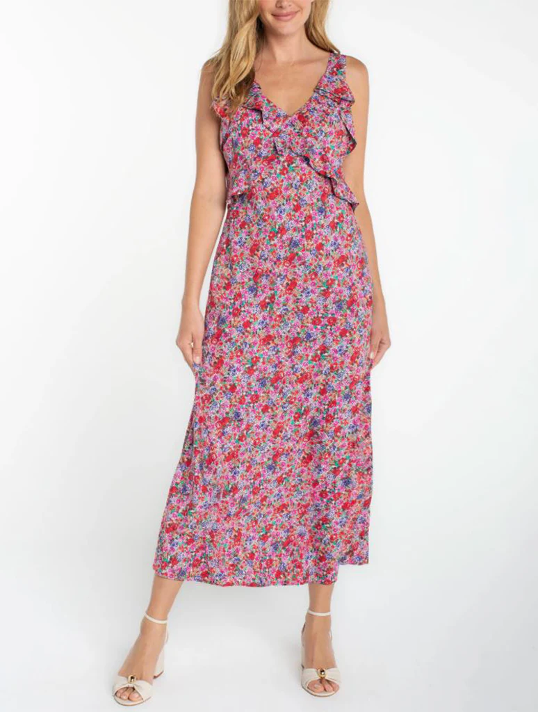 Liverpool Sleeveless Ruffle Front Woven Maxi Dress