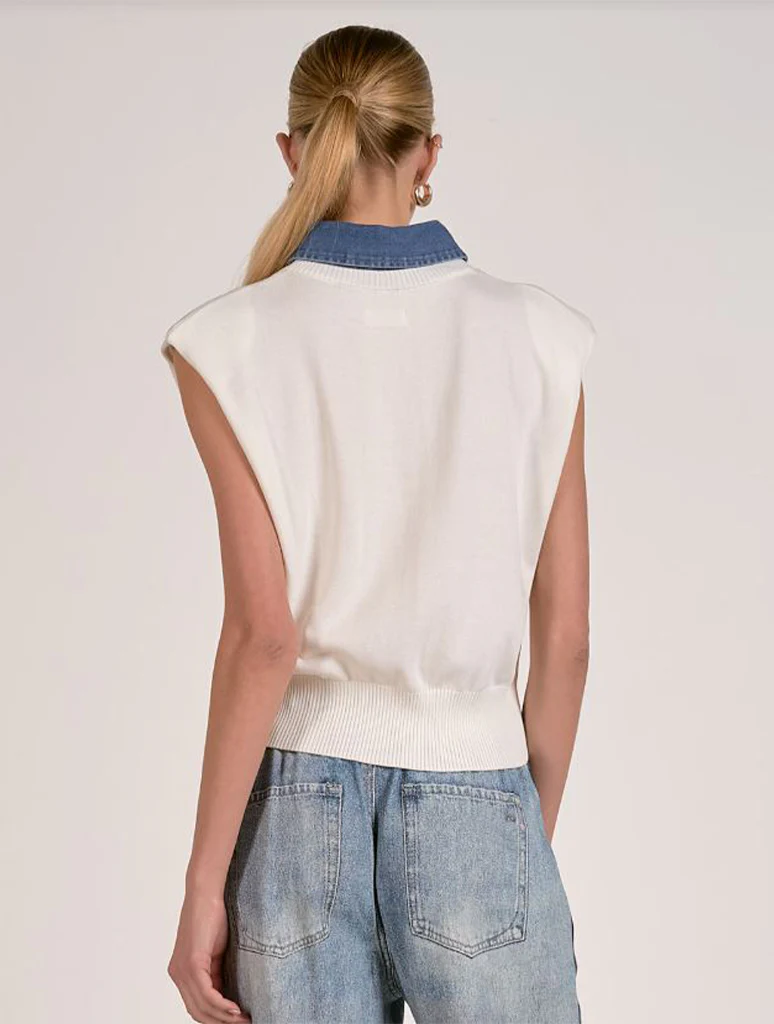 Mixed Media Capped Sleeve Collared Sweater - Image 3