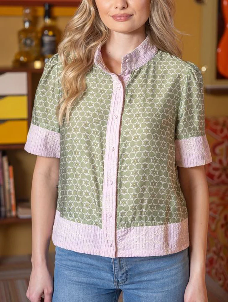 Mixed Print Button Down Floral Embroidered Top