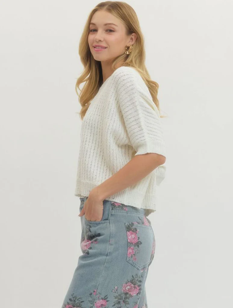 Mixed Ribbed Texture Short Sleeve Knit Top - Image 2