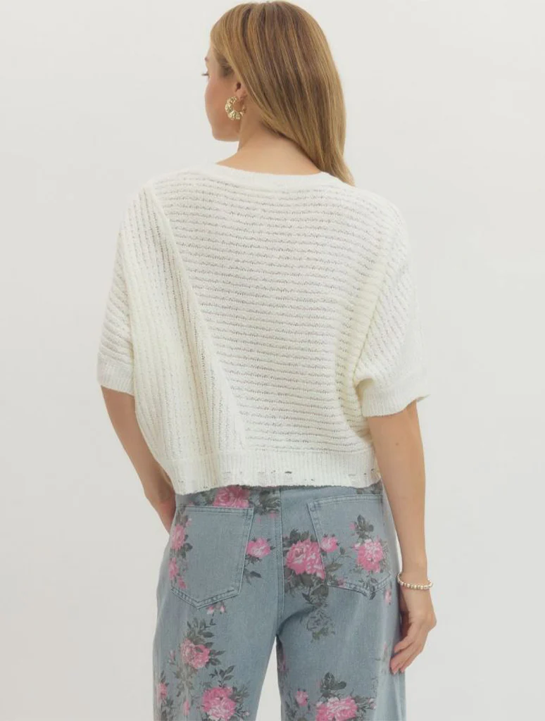 Mixed Ribbed Texture Short Sleeve Knit Top - Image 3