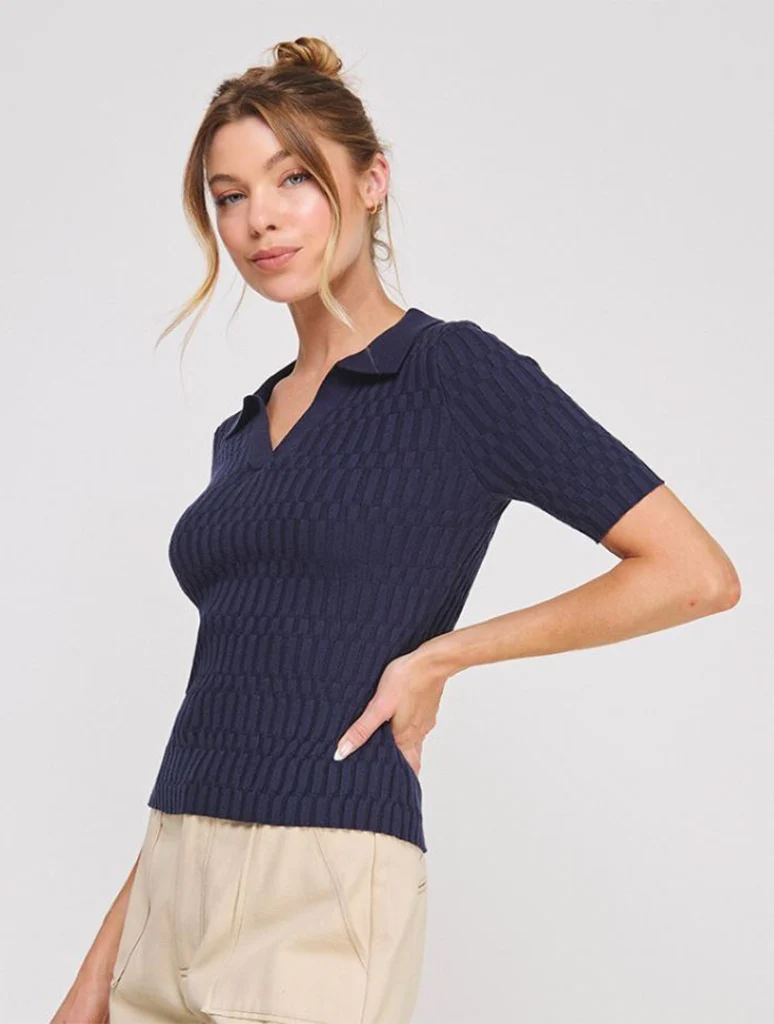 Patterned Rib Fine Gauge Polo Top - Image 5