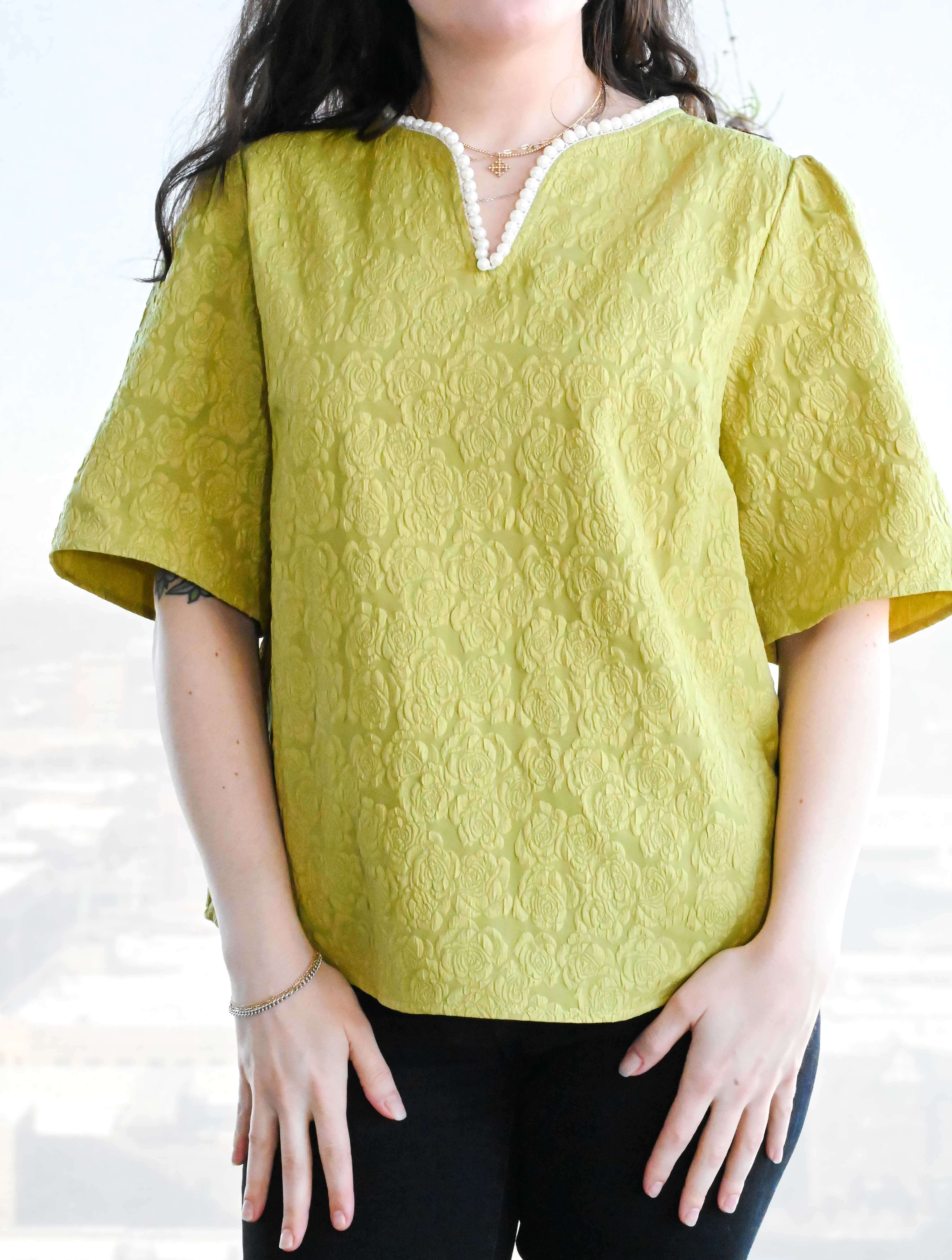 Pearl Collared V-Neck Floral Textured Top - Image 2