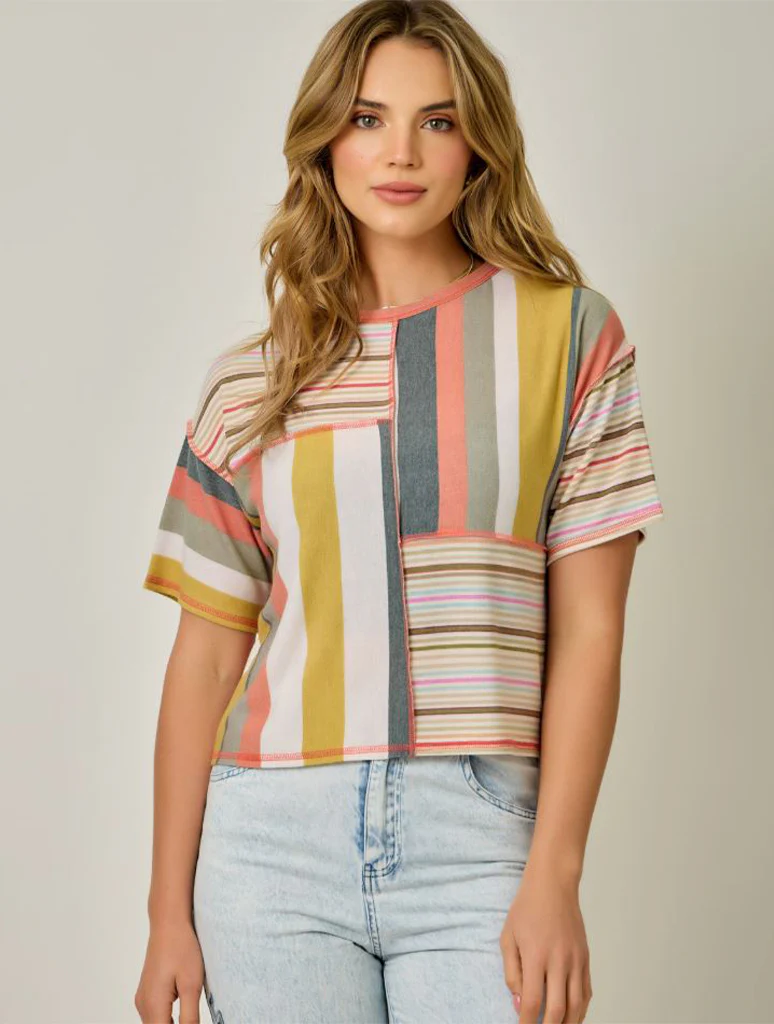 Relaxed Shoulder Short Sleeve Mixed Stripe Top