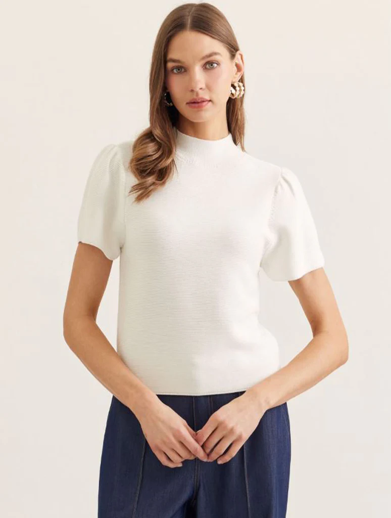Short Puff Sleeve Mock Neck Knit Top