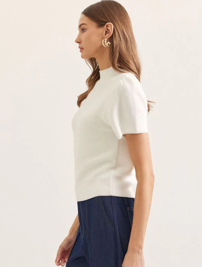 Short Puff Sleeve Mock Neck Knit Top - Image 2