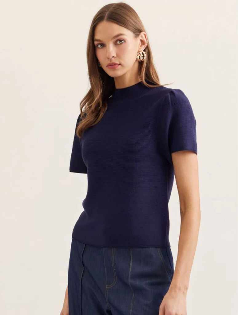 Short Puff Sleeve Mock Neck Knit Top - Image 4