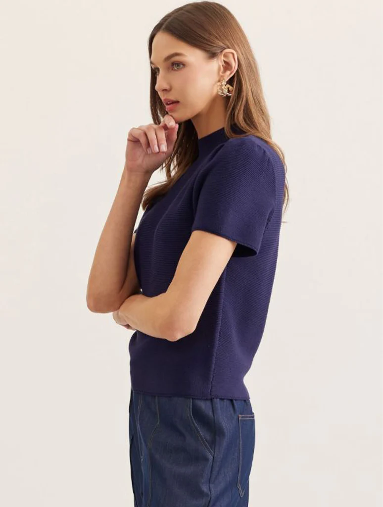 Short Puff Sleeve Mock Neck Knit Top - Image 5