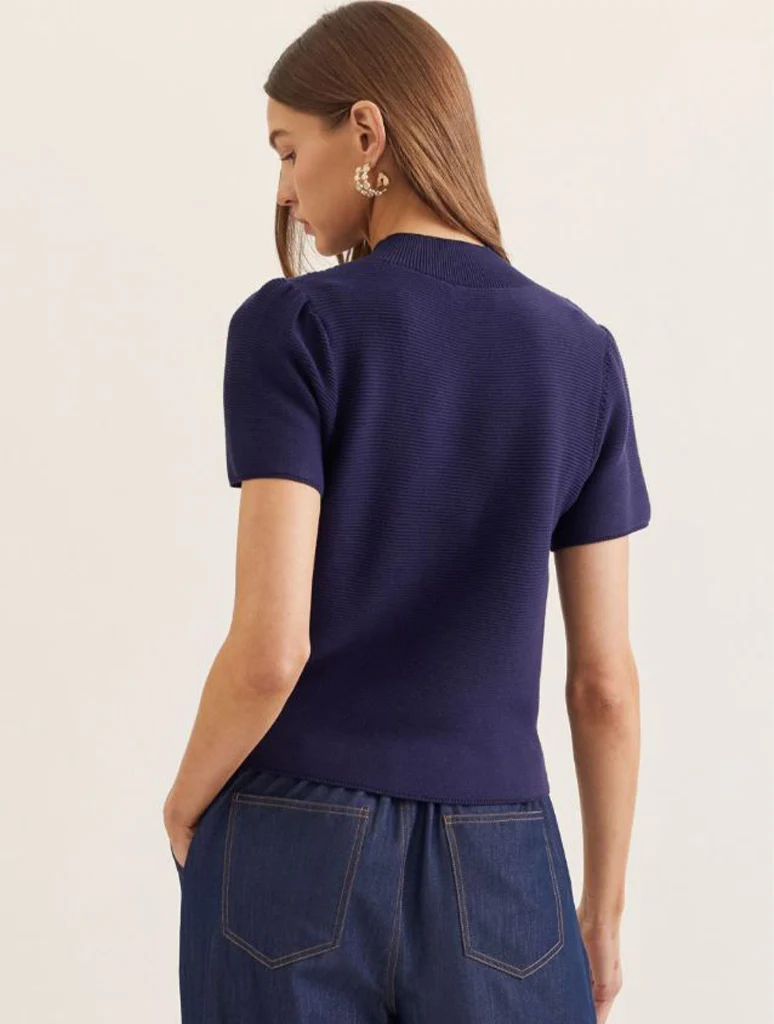 Short Puff Sleeve Mock Neck Knit Top - Image 6