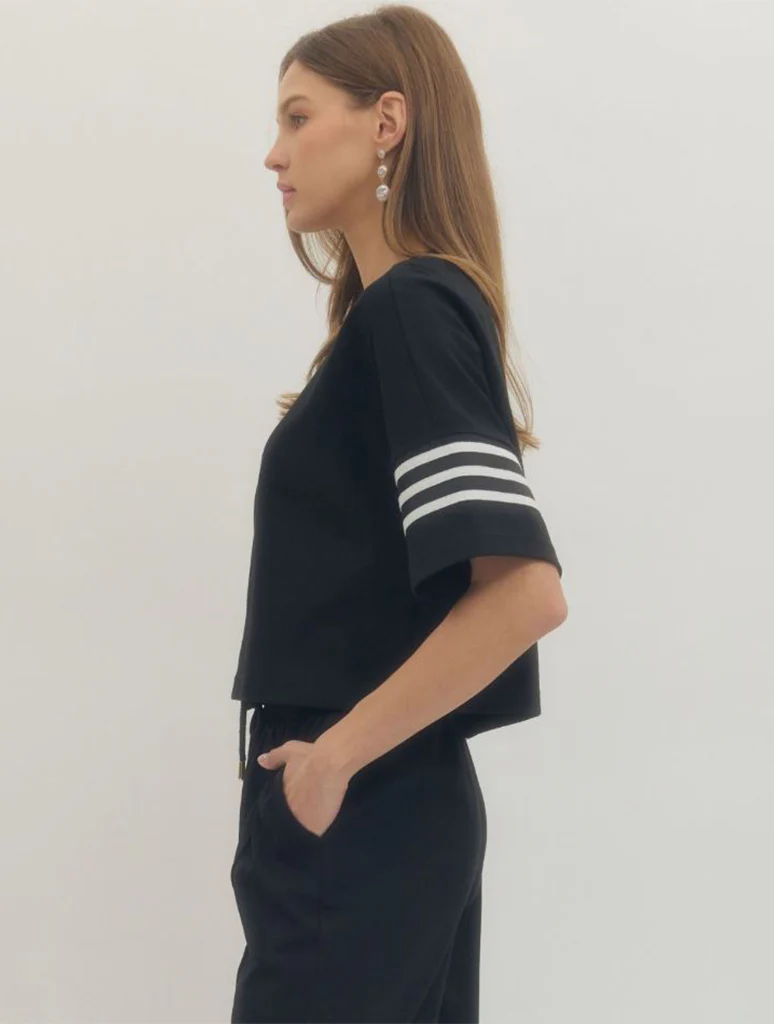 Solid Crew Neck Tee with Contrast Stripe Sleeve Detail - Image 2