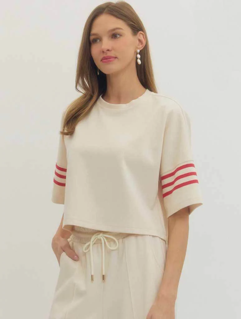 Solid Crew Neck Tee with Contrast Stripe Sleeve Detail - Image 5