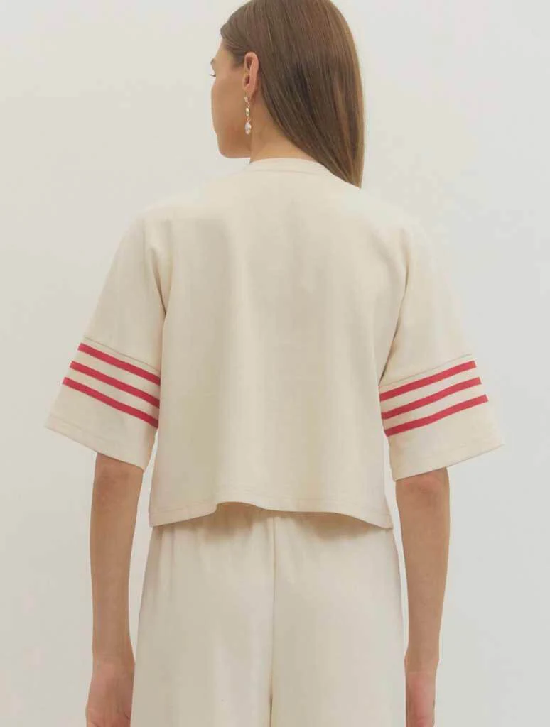 Solid Crew Neck Tee with Contrast Stripe Sleeve Detail - Image 6