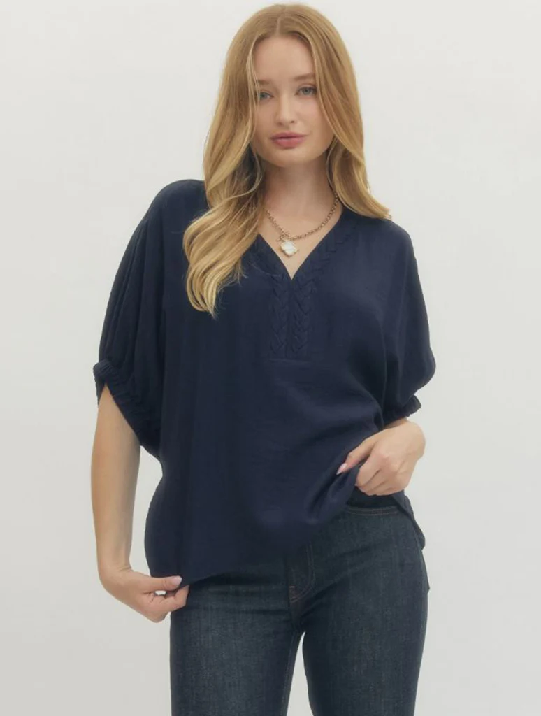 Solid Dolman Top with V-Neck Accent