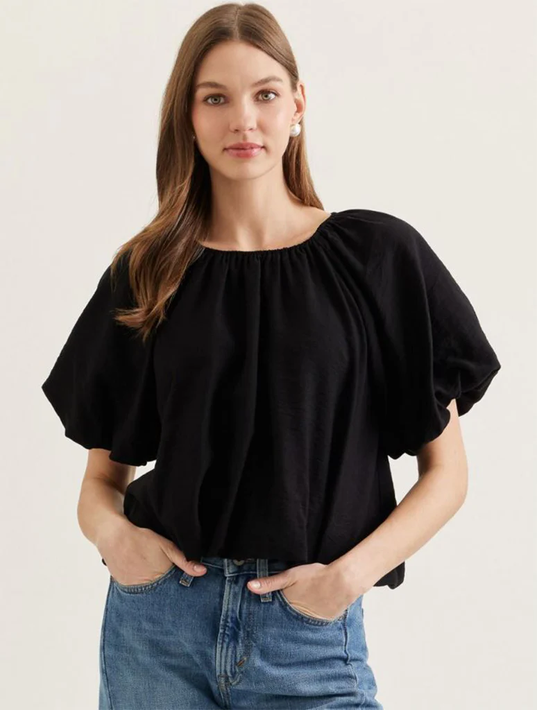 Solid Puff Short Sleeve Top with Gathered Neckline