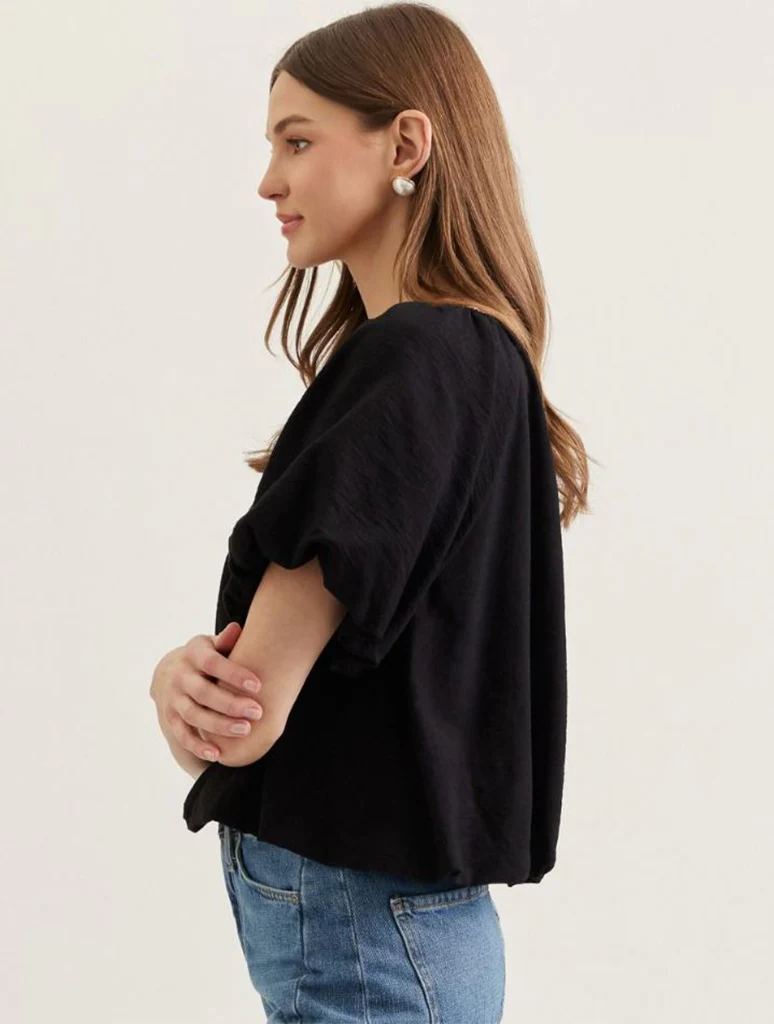 Solid Puff Short Sleeve Top with Gathered Neckline - Image 2