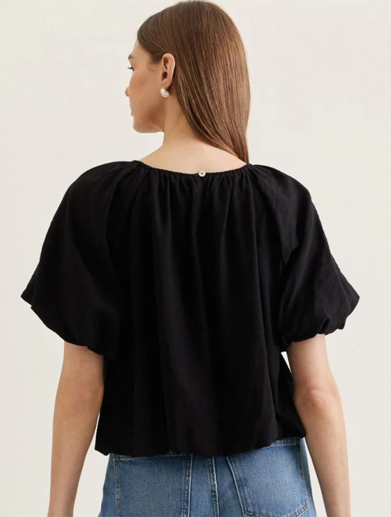 Solid Puff Short Sleeve Top with Gathered Neckline - Image 3