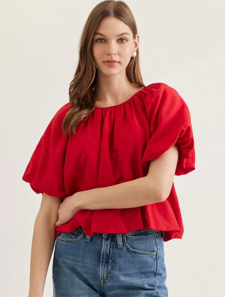 Solid Puff Short Sleeve Top with Gathered Neckline - Image 4