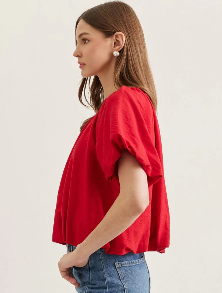 Solid Puff Short Sleeve Top with Gathered Neckline - Image 5