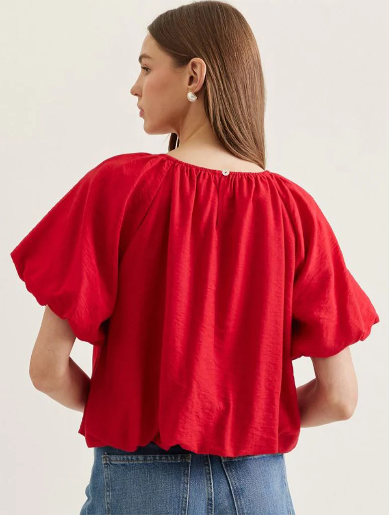 Solid Puff Short Sleeve Top with Gathered Neckline - Image 6