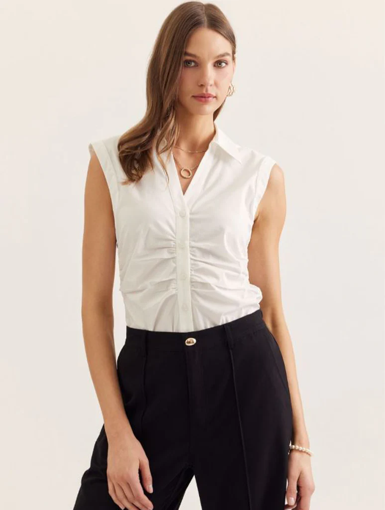 Solid Sleeveless Collared Ruched V-Neck Top